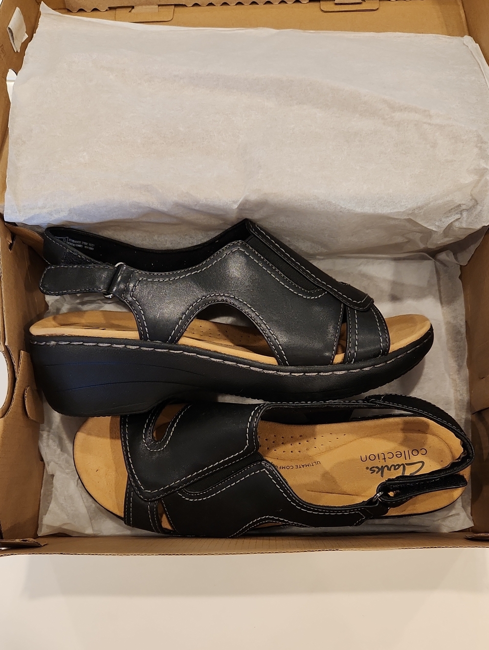 New Clarks Black Leather Slingback Wedge Sandals
